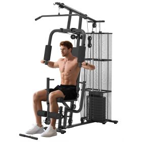Home Gym, Multifunction Gym Equipment Workout Station with 100Lbs Weight Stack for Lat Pulldown, Leg Extensions, Preacher Bicep Curls (Color: Black)